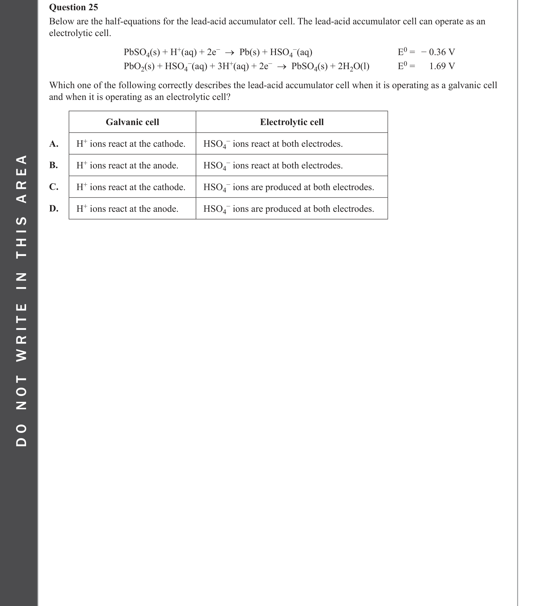 Chemistry 2023 Exam Question 25 — Galvanic cells, Electrolytic cells