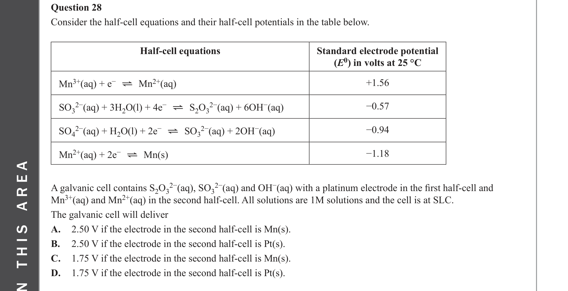 Chemistry 2023 Exam Question 28 — Galvanic cells, Electrode potentials