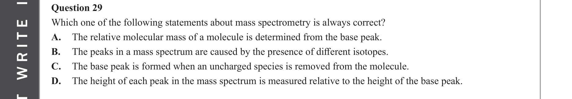 Chemistry 2023 Exam Question 29 — Mass spectrometry