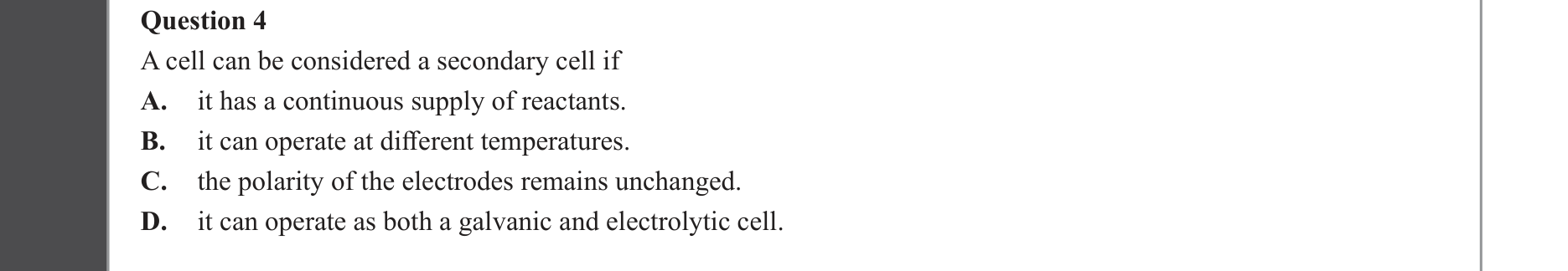 Chemistry 2023 Exam Question 4 — Galvanic cells, Electrolytic cells