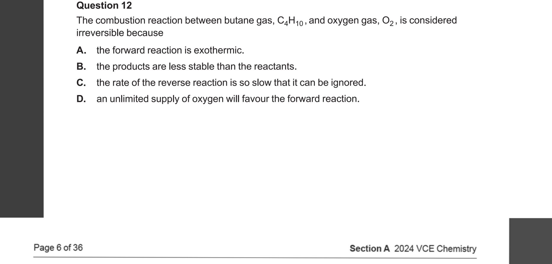 Chemistry 2024 Exam Question 12 — Equilibrium and Le Chateliers principle, Complete and incomplete combustion