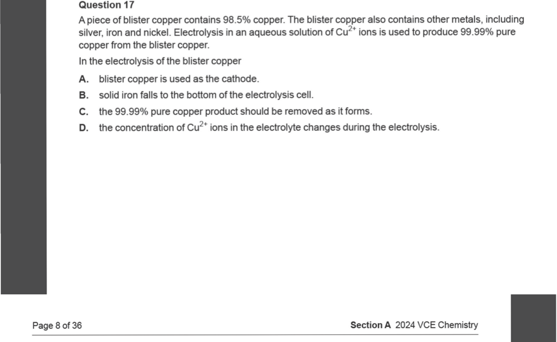 Chemistry 2024 Exam Question 17 — Electrolysis, Electrolytic cells