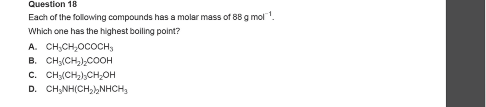 Chemistry 2024 Exam Question 18 — Intermolecular forces, Functional groups