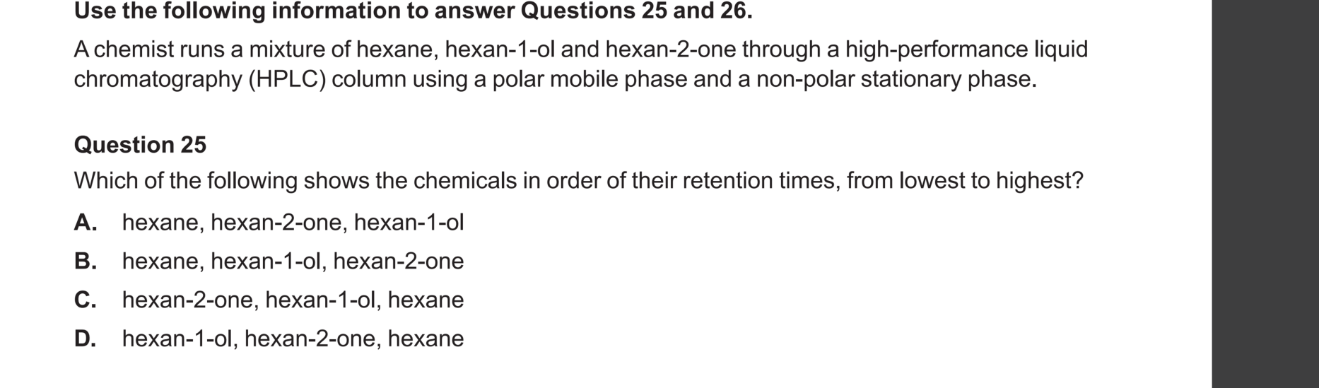 Chemistry 2024 Exam Question 25 — HPLC
