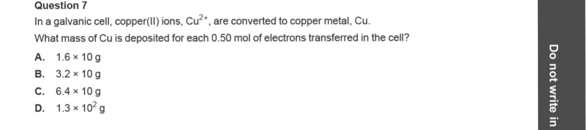 Chemistry 2024 Exam Question 7 — Faradays law, Electrolytic cells
