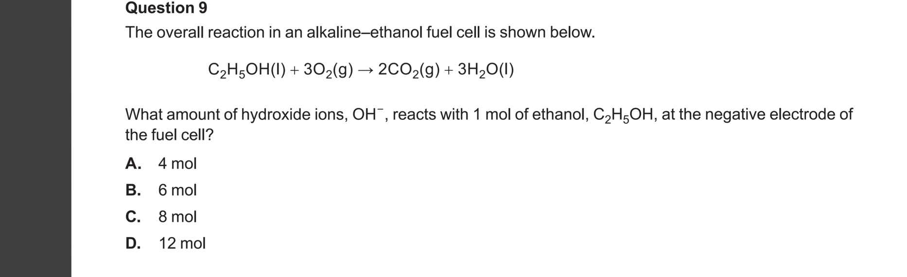 Chemistry 2024 Exam Question 9 — Fuel cells