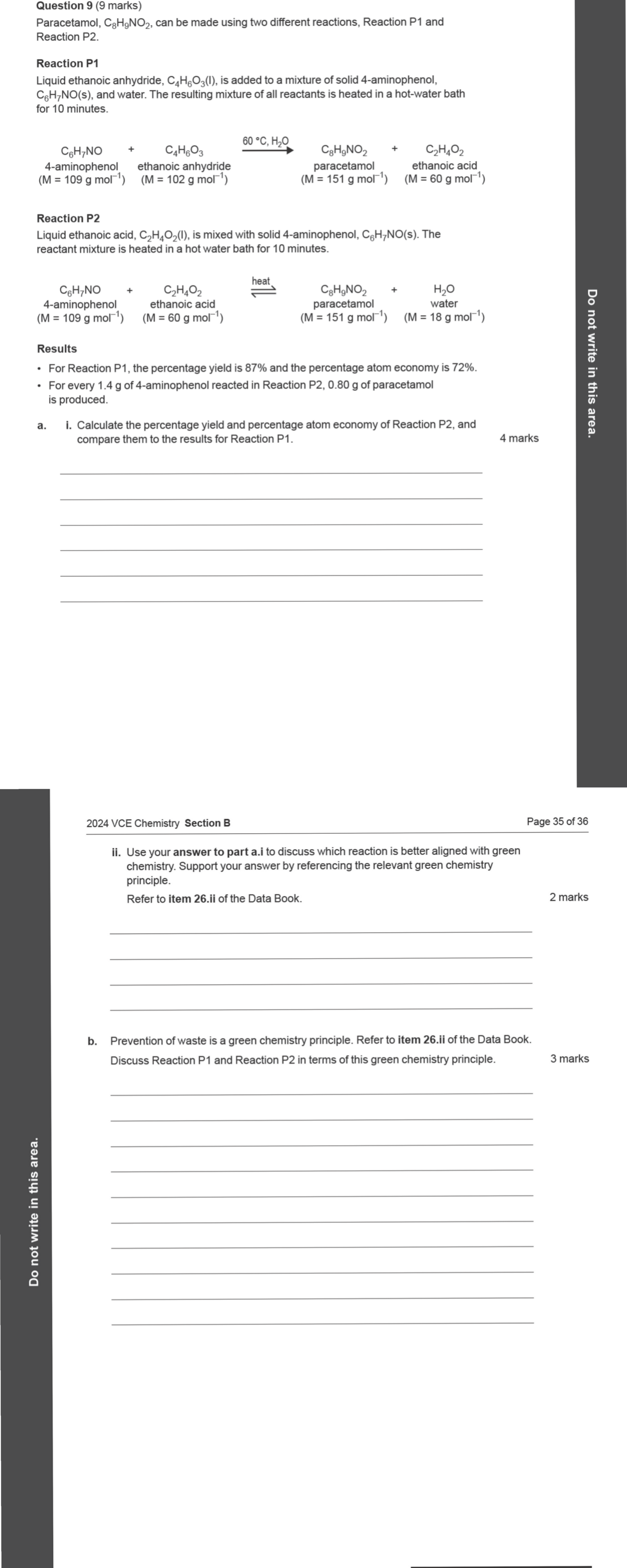 Chemistry 2024 Exam Question 9(a)(i) — Atom economy, Green chemistry