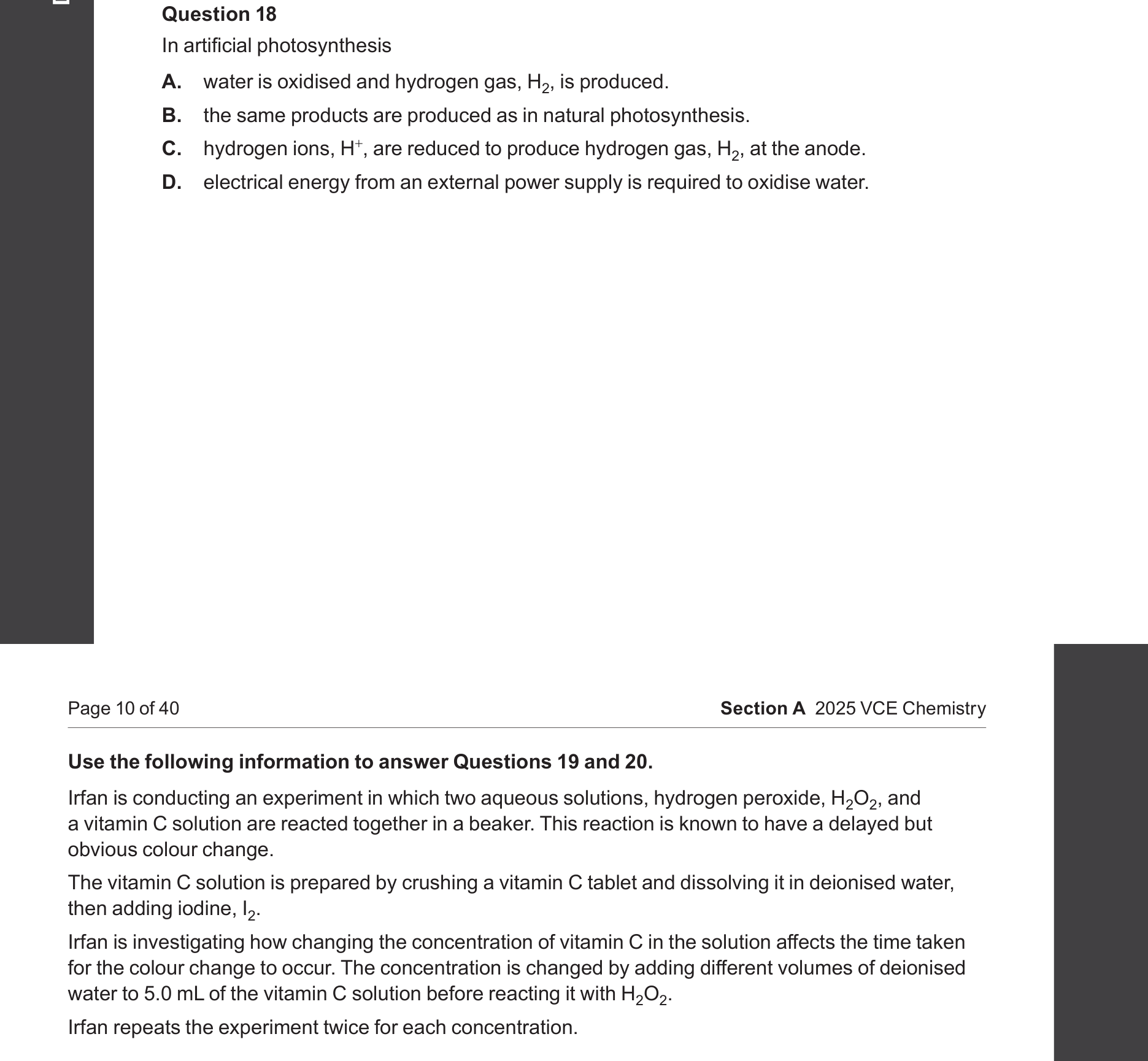 Chemistry 2025 Exam Question 18 — Electrolytic cells, Electrolysis, Redox