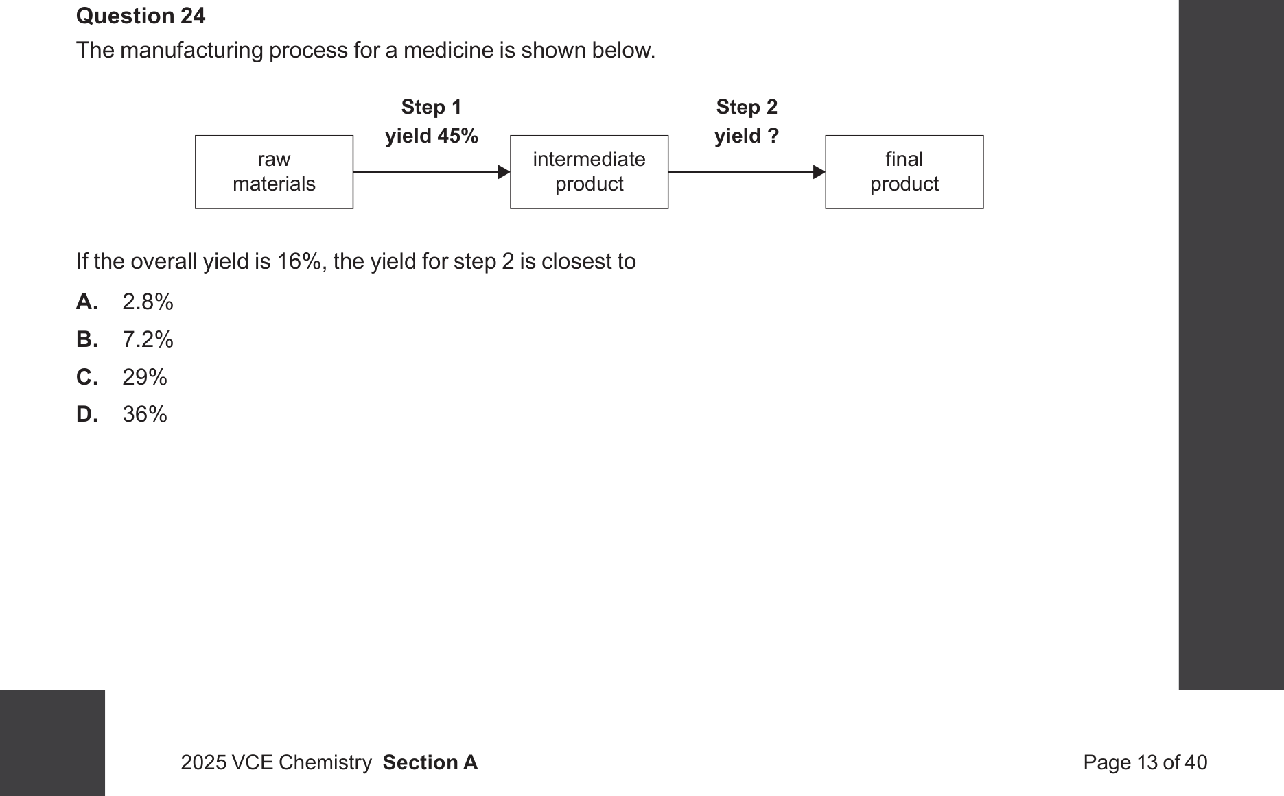 Chemistry 2025 Exam Question 24 — Medicinal chemistry, Yield and extent of reactions