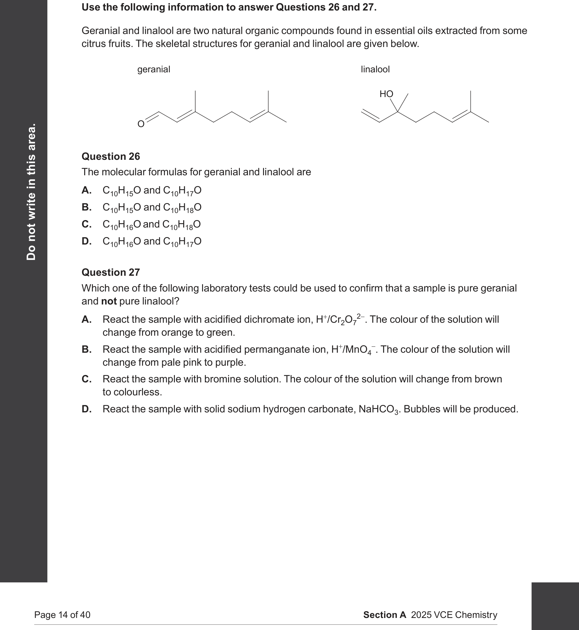 Chemistry 2025 Exam Question 27 — Functional groups, Primary, secondary and tertiary alcohols