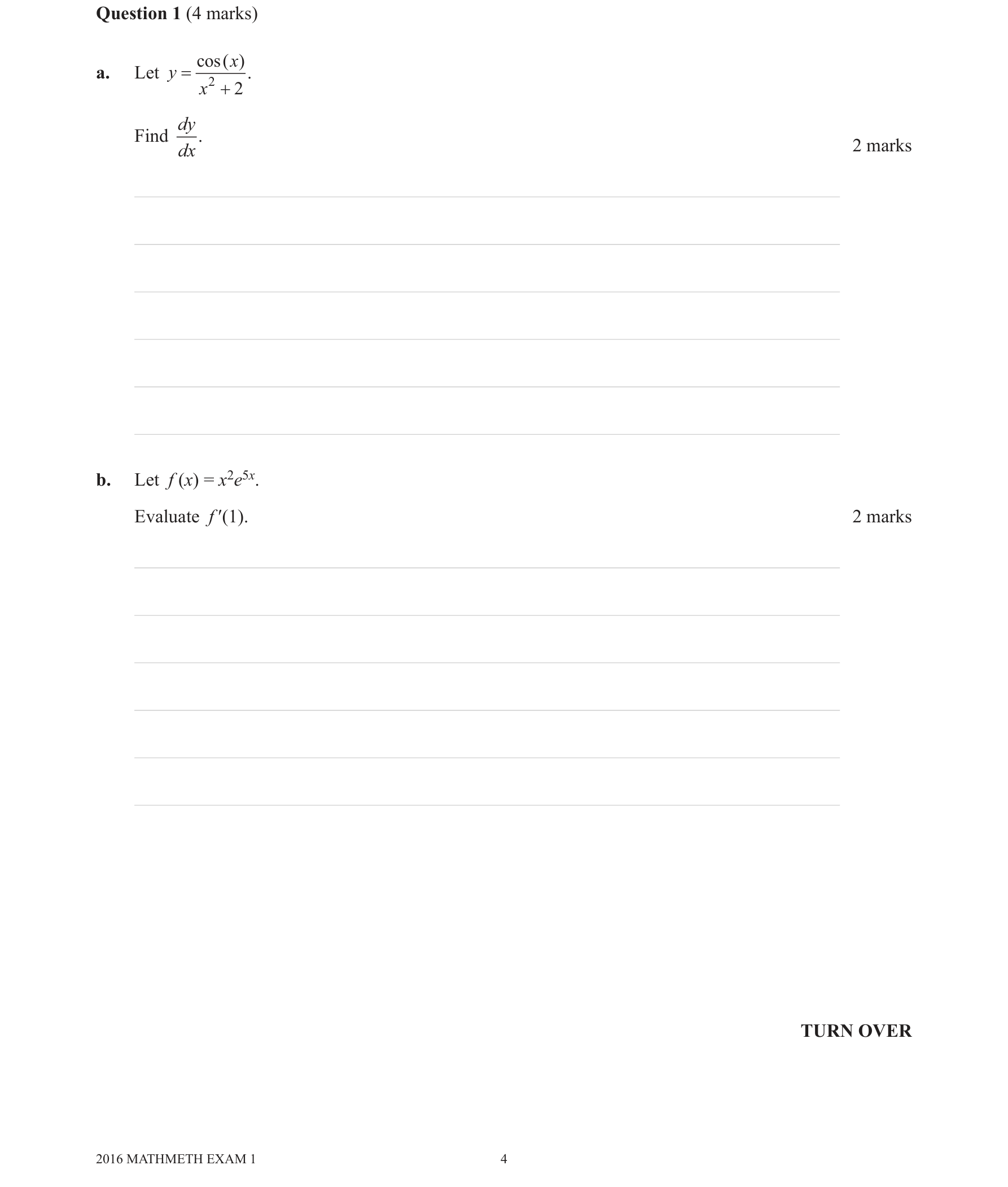 Mathematical Methods 2016 Exam 1 Question 1(a) — Calculus, Differentiation formulae