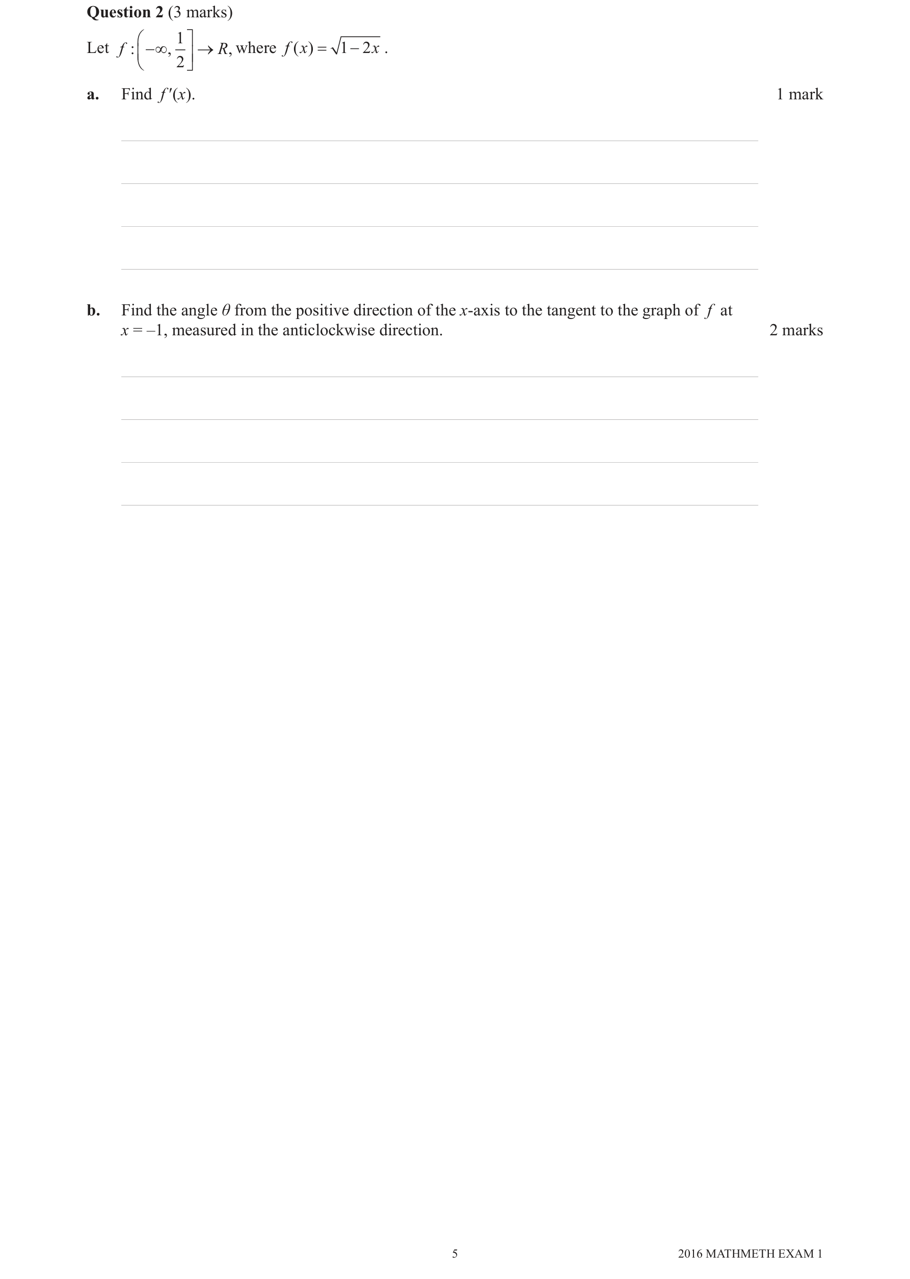 Mathematical Methods 2016 Exam 1 Question 2(b) — Calculus, Tangents and normals