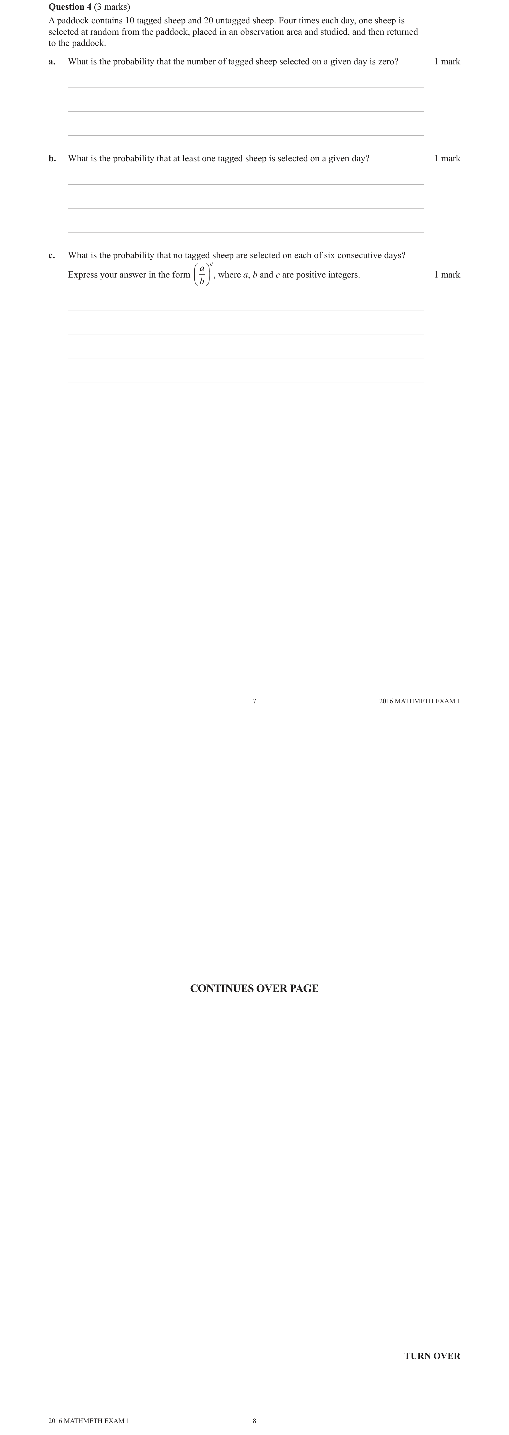 Mathematical Methods 2016 Exam 1 Question 4(c) — Probability, Binomial distribution