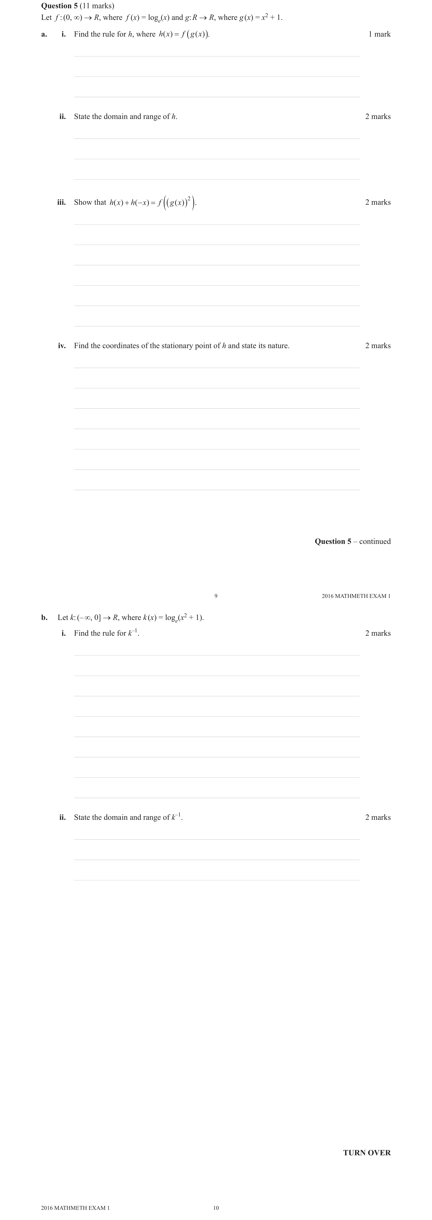 Mathematical Methods 2016 Exam 1 Question 5(a)(iv) — Calculus, Stationary points