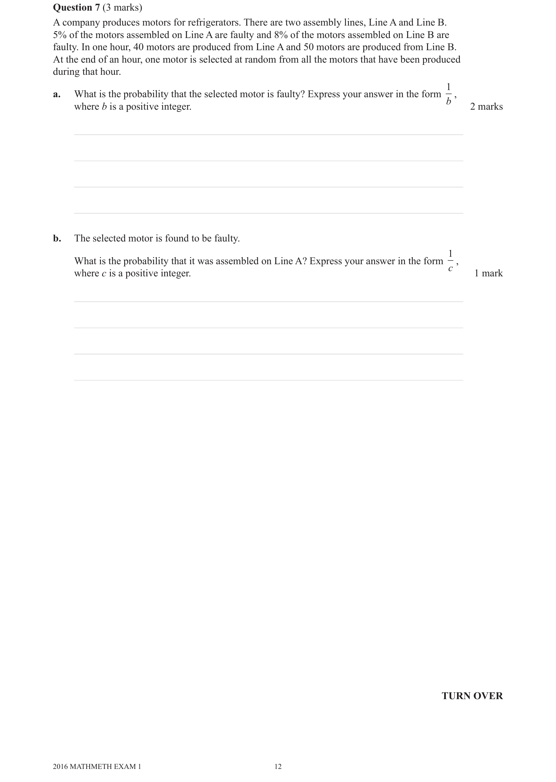 Mathematical Methods 2016 Exam 1 Question 7(b) — Probability, Discrete probability