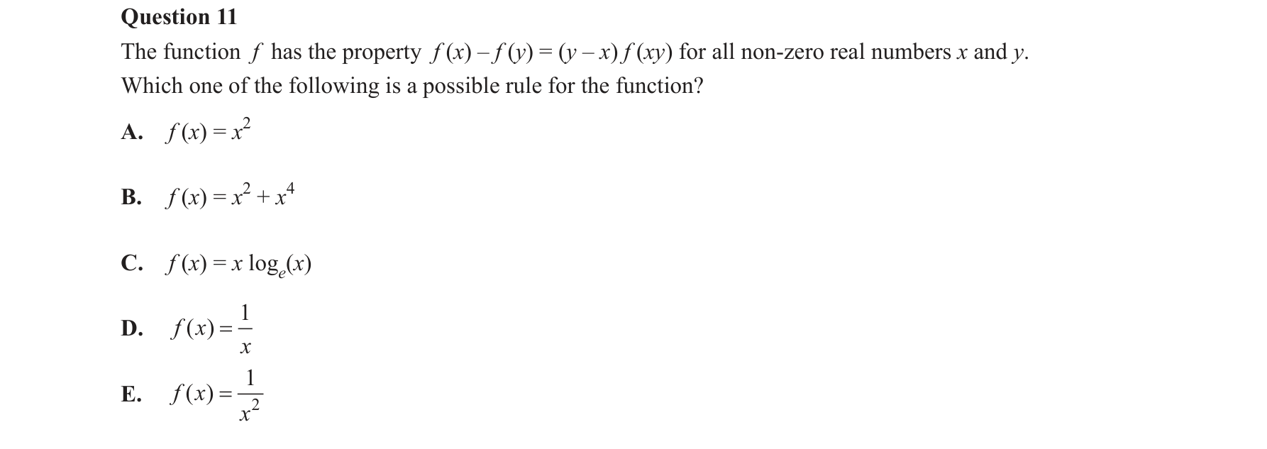 Mathematical Methods 2016 Exam 2 Question 11 — Functions, Relations and Graphs