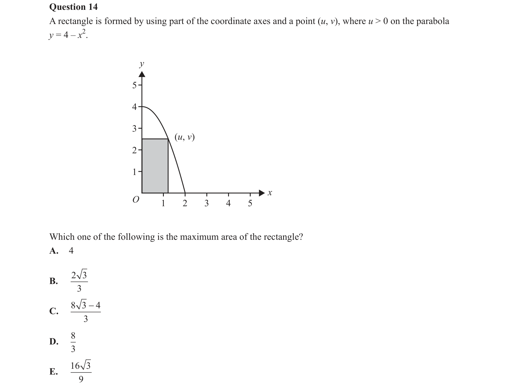 Mathematical Methods 2016 Exam 2 Question 14 — Applications of differentiation