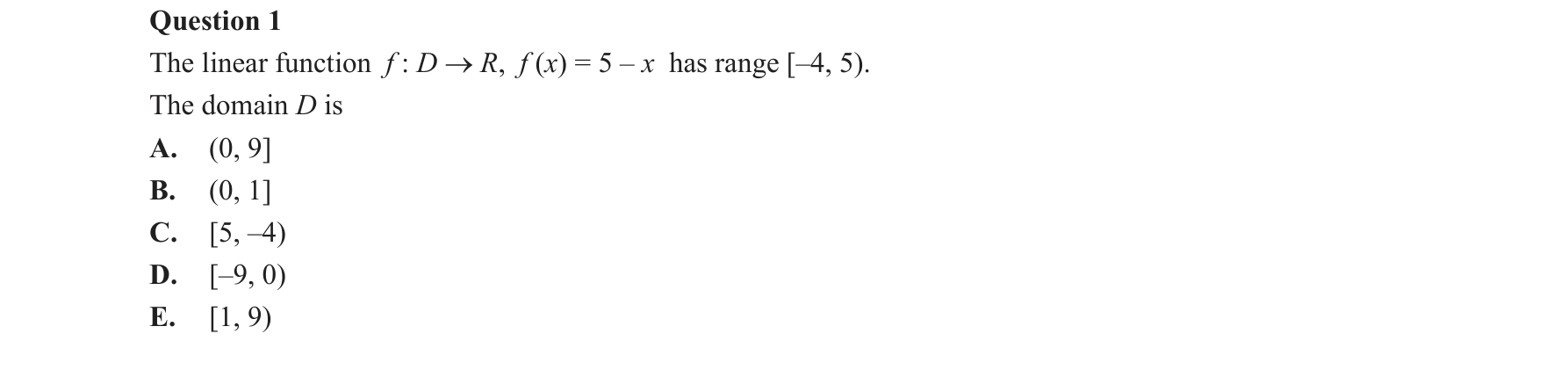 Mathematical Methods 2016 Exam 2 Question 1 — Domain and range