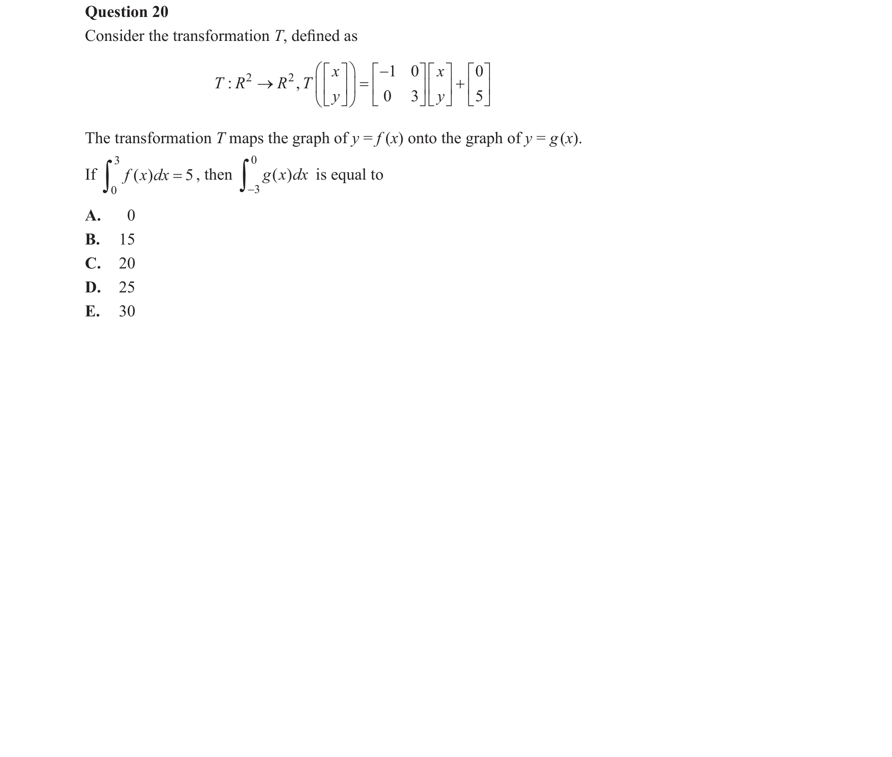 Mathematical Methods 2016 Exam 2 Question 20 — Transformations, Area under curves