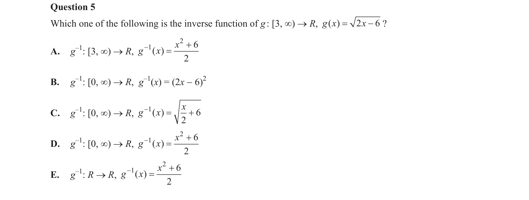 Mathematical Methods 2016 Exam 2 Question 5 — Inverse functions