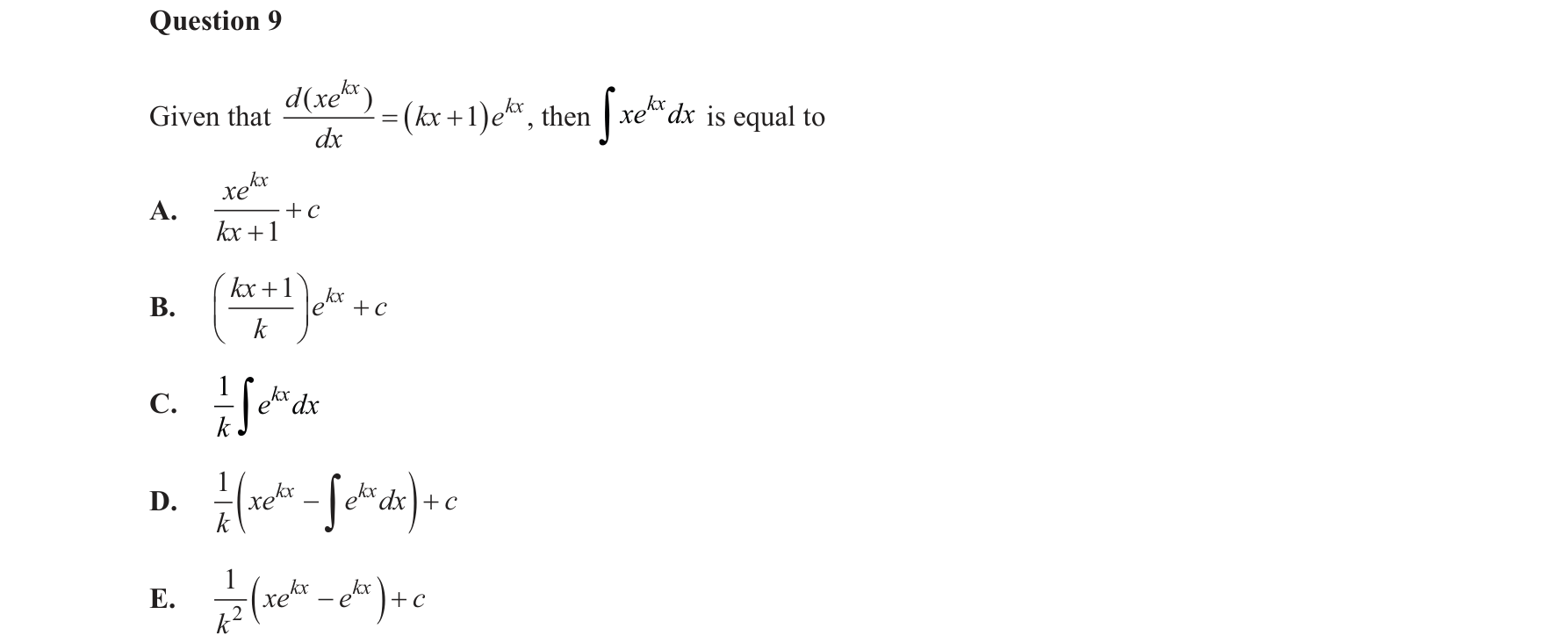 Mathematical Methods 2016 Exam 2 Question 9 — Antidifferentiation formulae