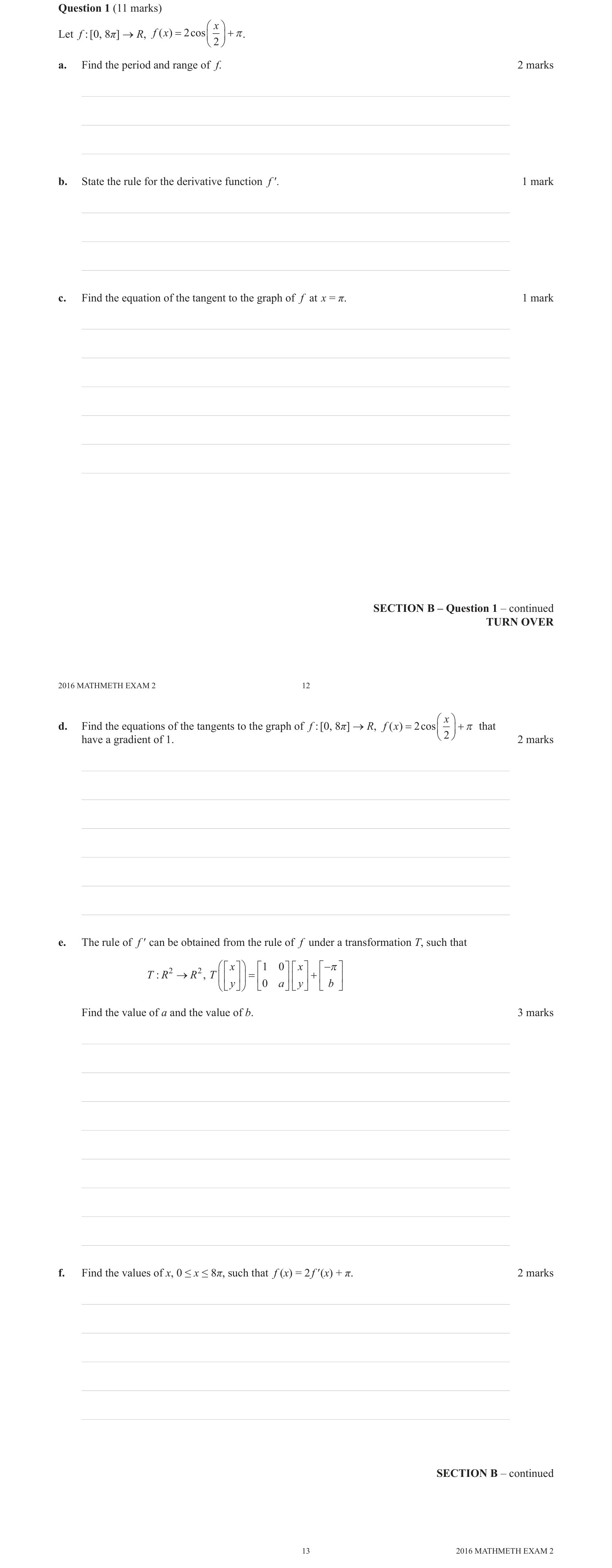 Mathematical Methods 2016 Exam 2 Question 1(c) — Tangents and normals