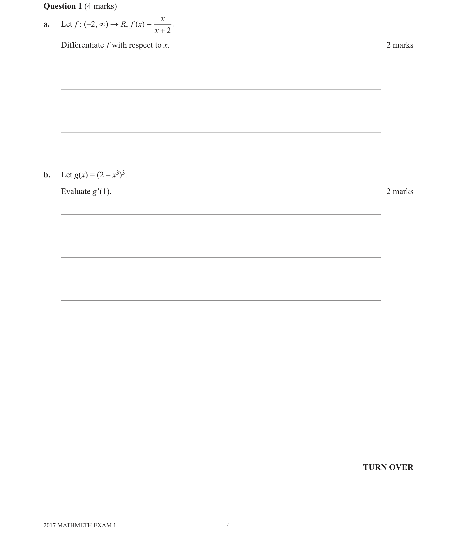 Mathematical Methods 2017 Exam 1 Question 1(b) — Calculus, Differentiation formulae