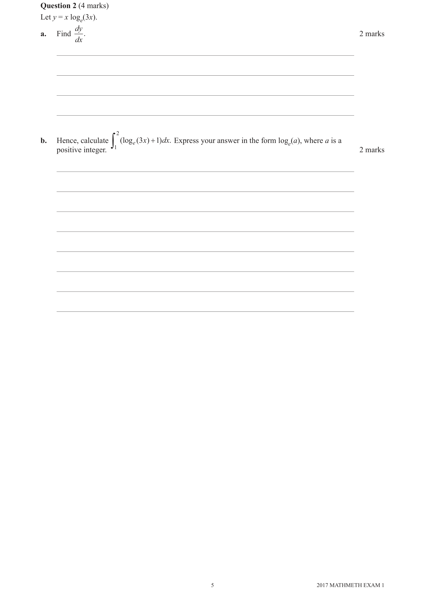 Mathematical Methods 2017 Exam 1 Question 2(a) — Calculus, Differentiation formulae