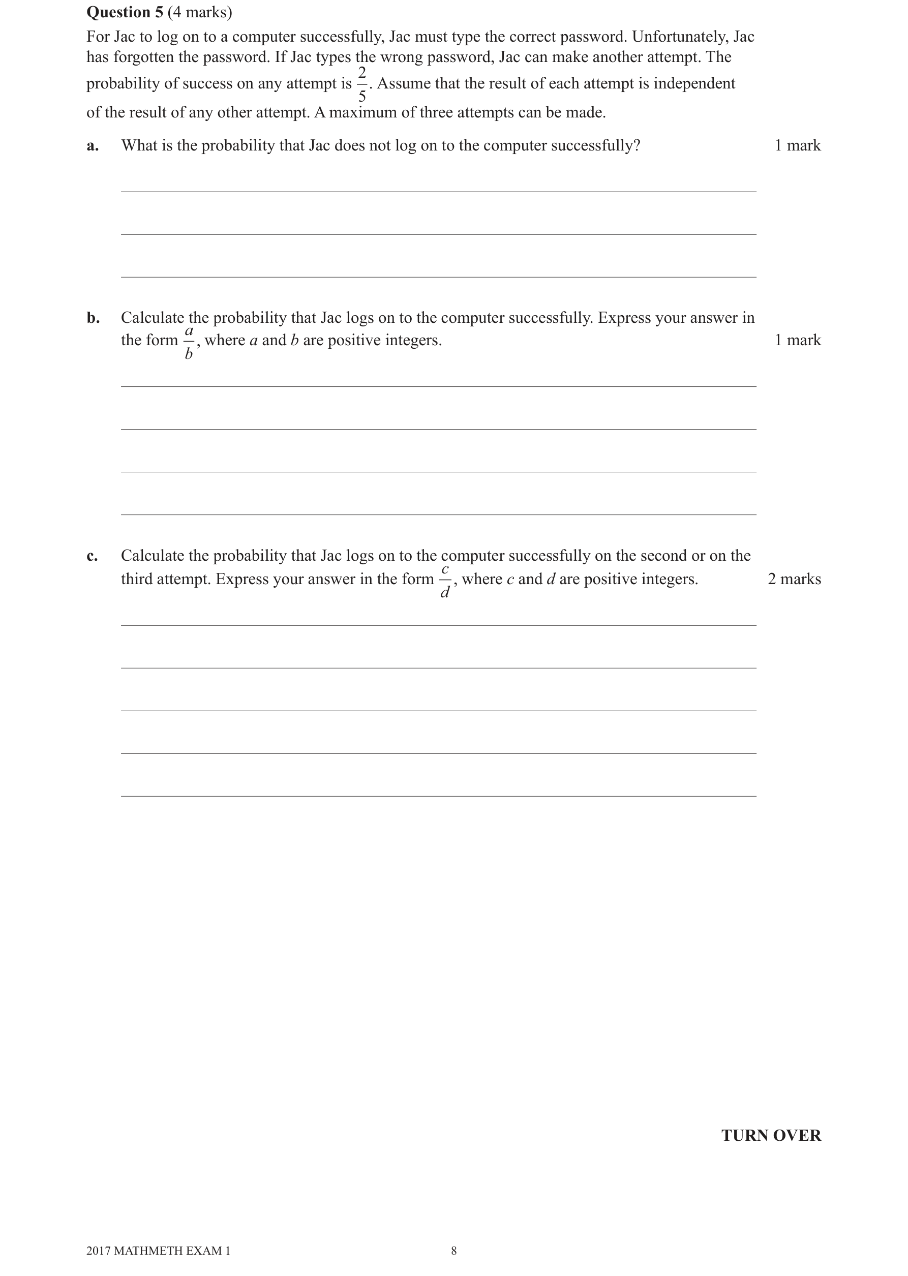 Mathematical Methods 2017 Exam 1 Question 5(a) — Probability, Discrete probability