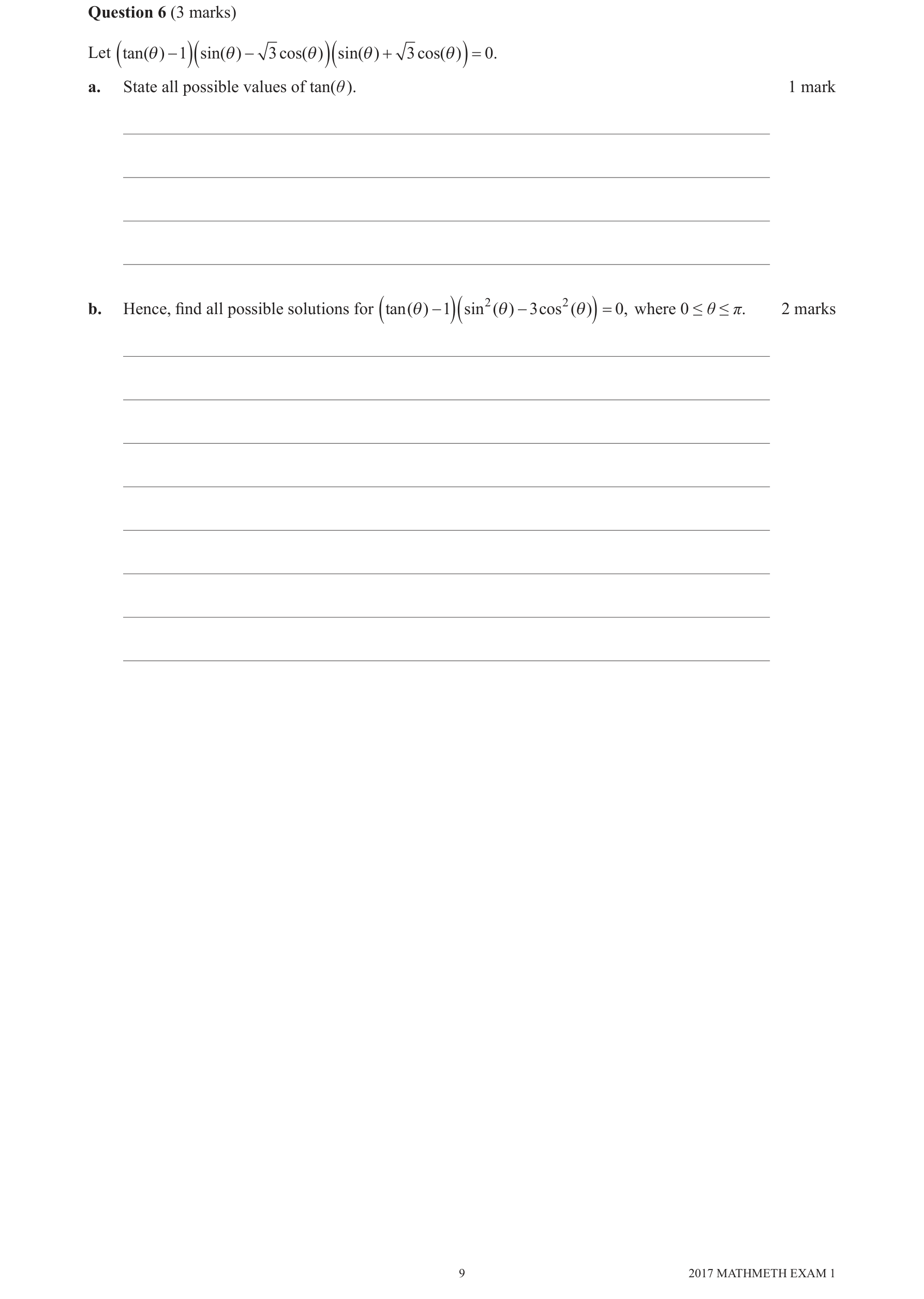 Mathematical Methods 2017 Exam 1 Question 6(a) — Functions, Relations and Graphs, Trigonometry