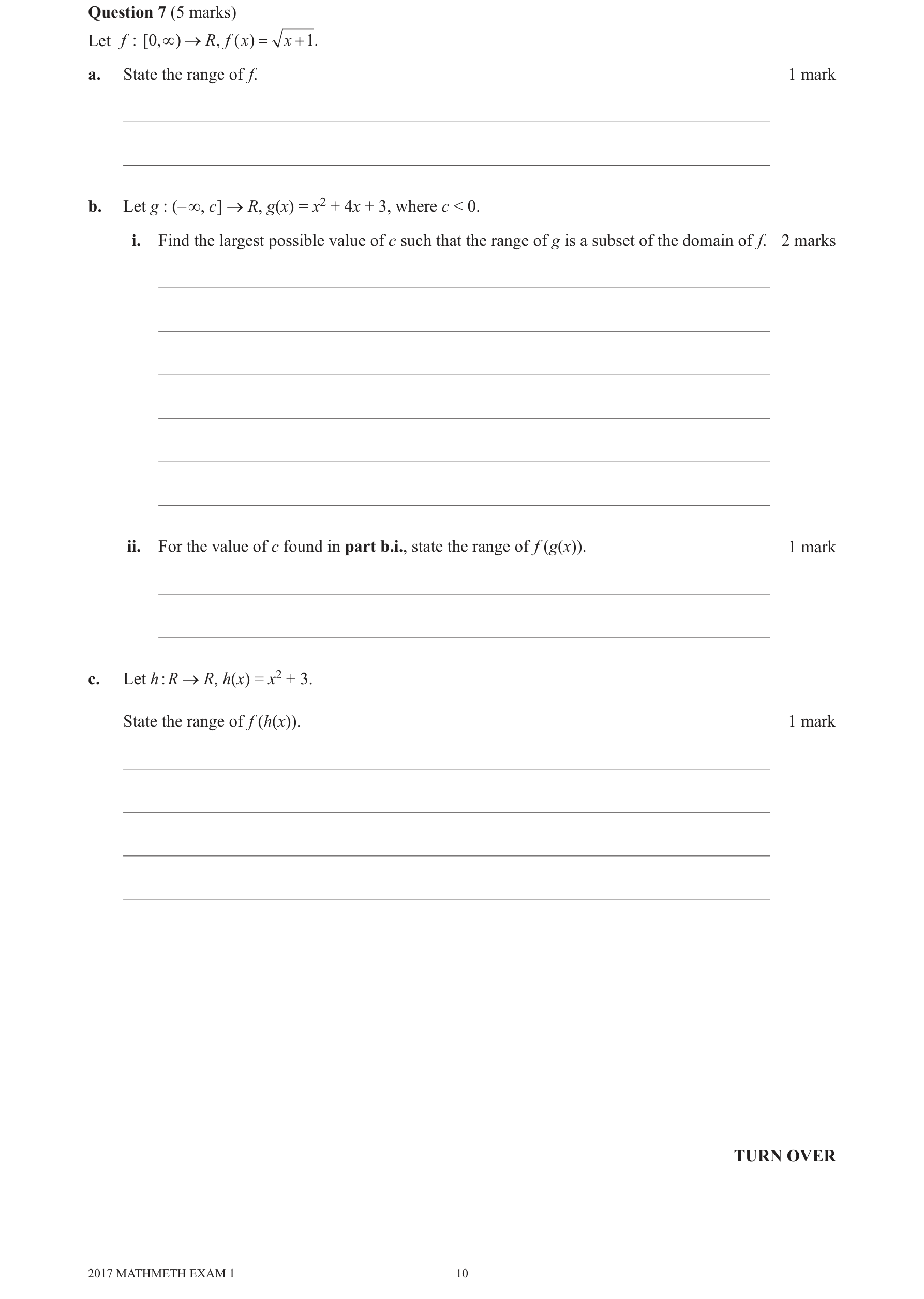 Mathematical Methods 2017 Exam 1 Question 7(c) — Functions, Relations and Graphs, Composite functions