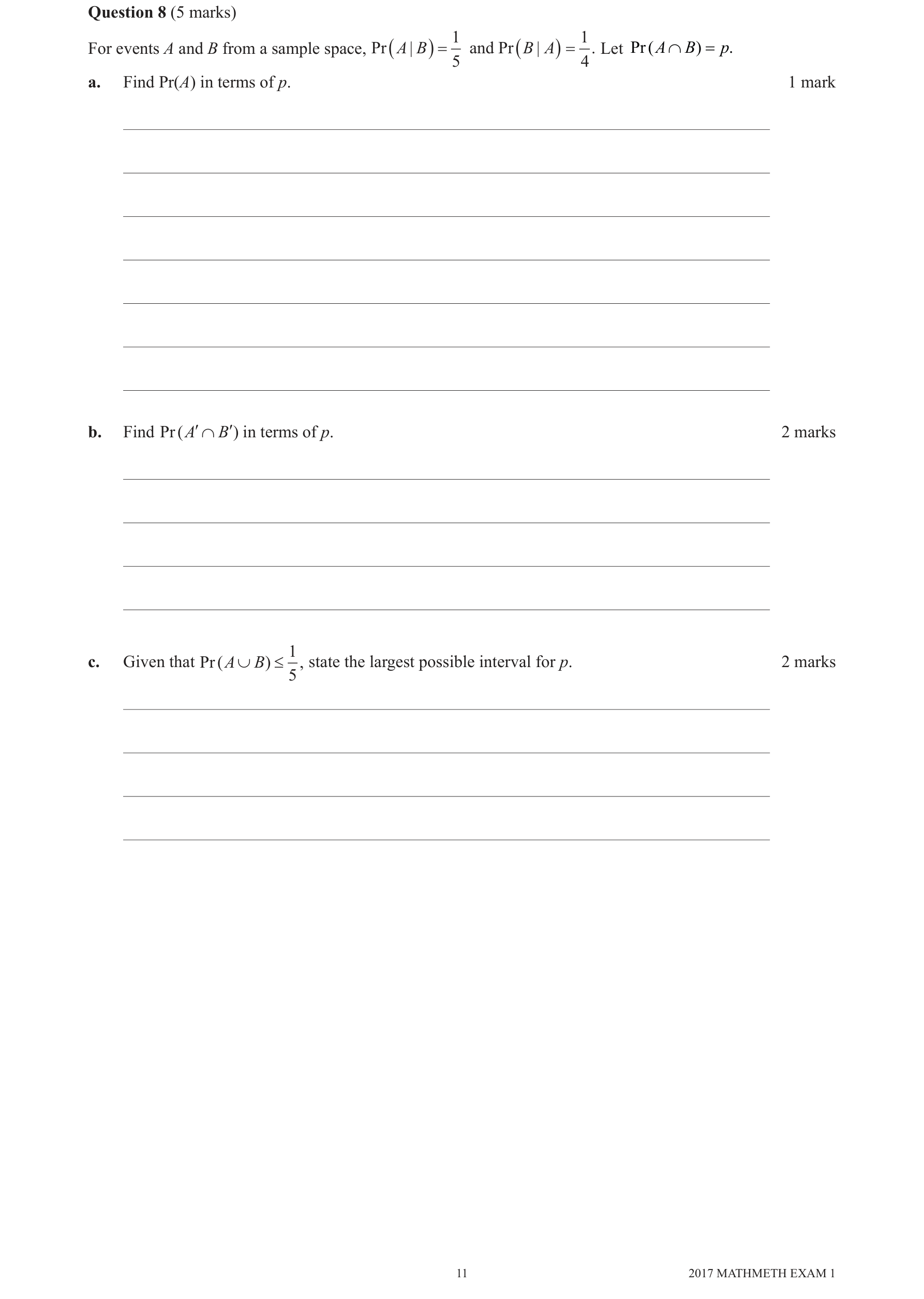 Mathematical Methods 2017 Exam 1 Question 8(a) — Probability, Venn diagram