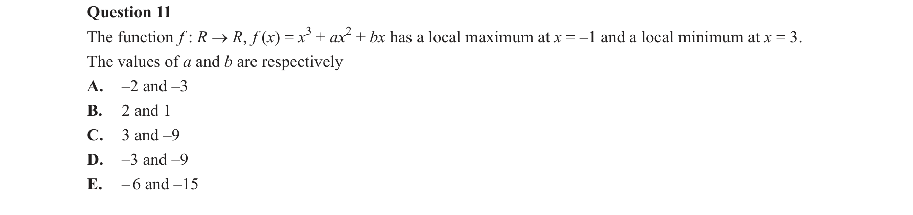 Mathematical Methods 2017 Exam 2 Question 11 — Calculus, Stationary points