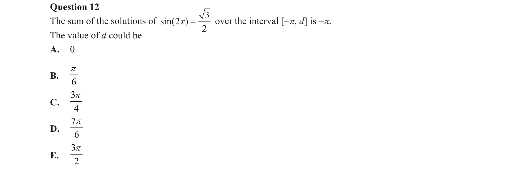 Mathematical Methods 2017 Exam 2 Question 12 — Functions, Relations and Graphs, Trigonometry