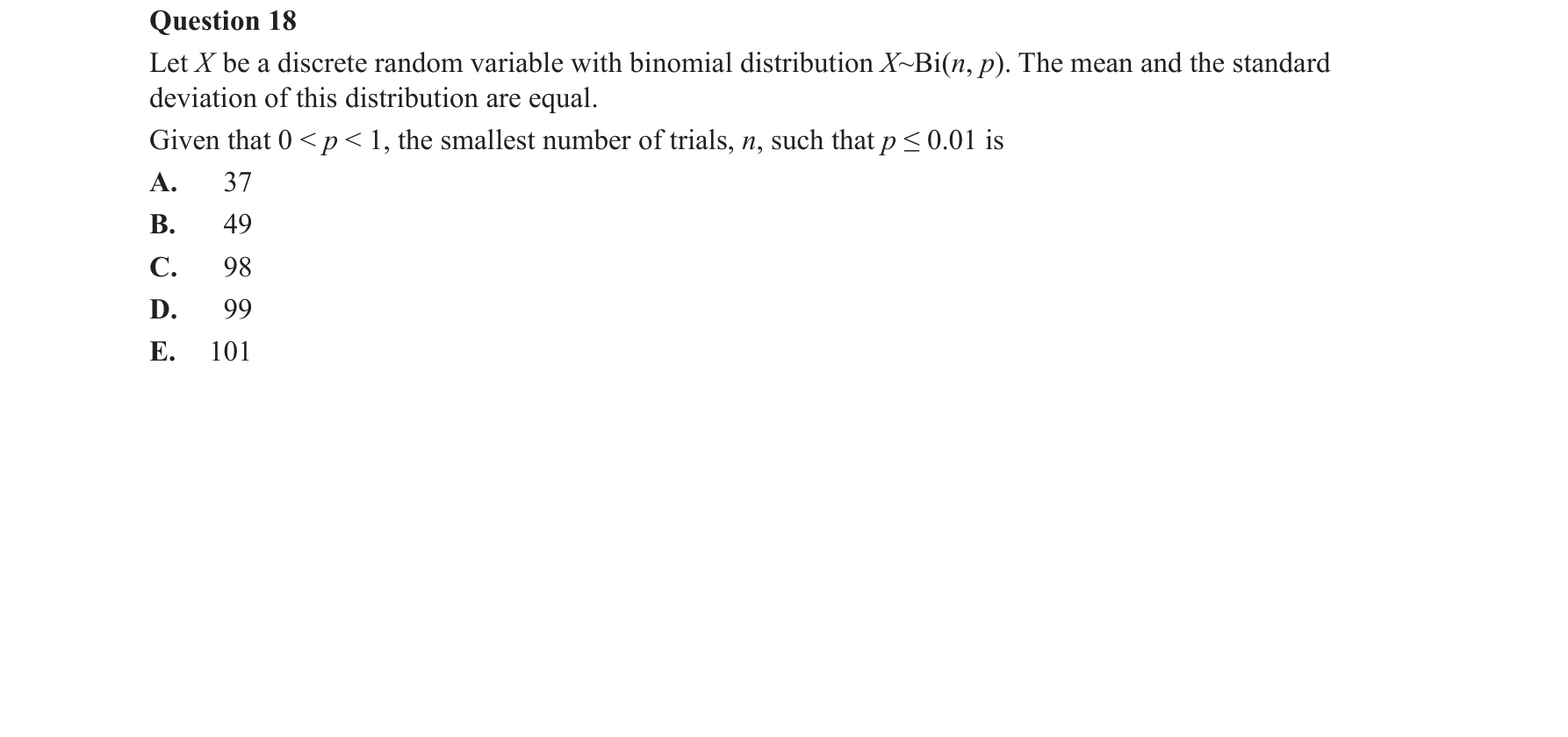 Mathematical Methods 2017 Exam 2 Question 18 — Probability, Binomial distribution