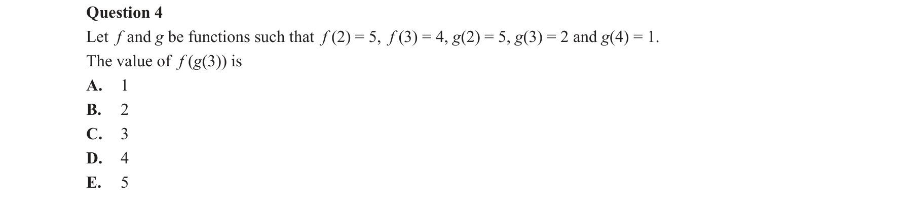 Mathematical Methods 2017 Exam 2 Question 4 — Functions, Relations and Graphs, Composite functions