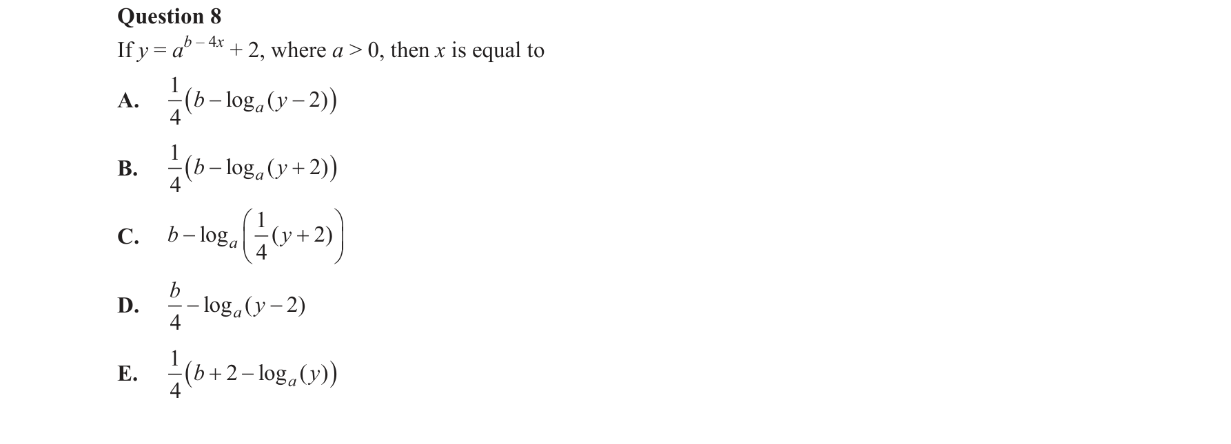 Mathematical Methods 2017 Exam 2 Question 8 — Functions, Relations and Graphs, Exponentials, Logarithms