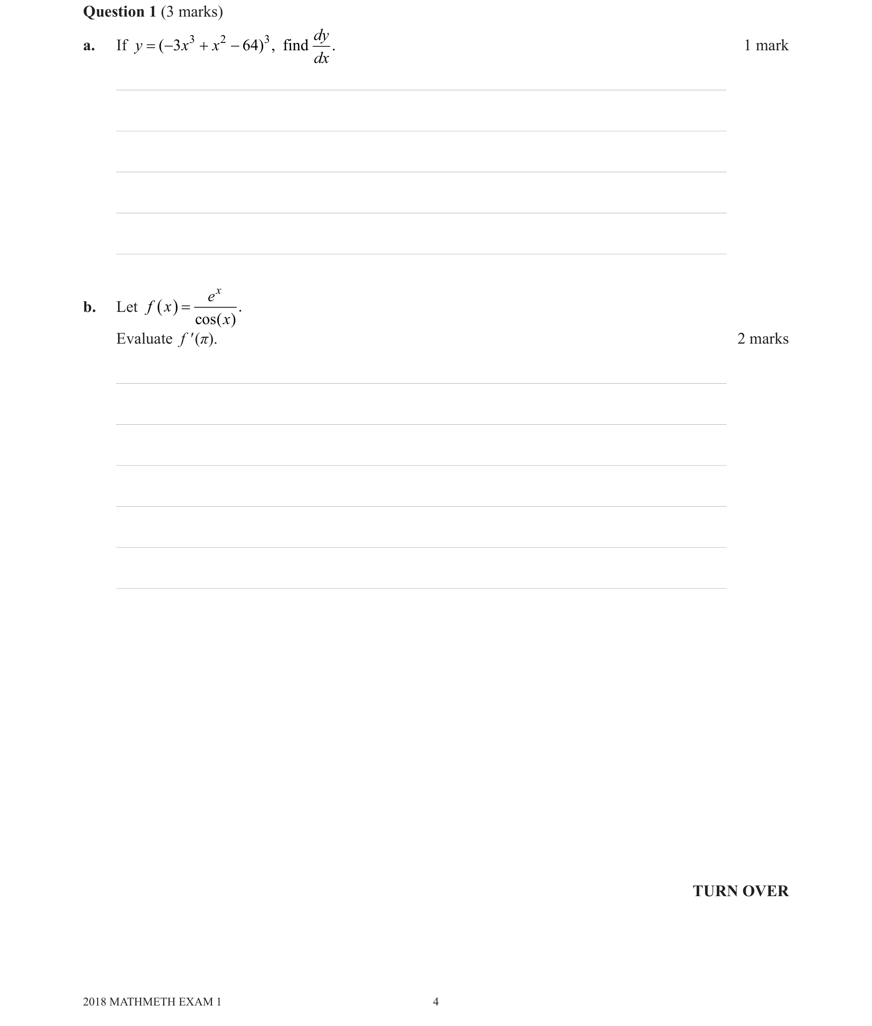 Mathematical Methods 2018 Exam 1 Question 1(b) — Calculus, Differentiation formulae