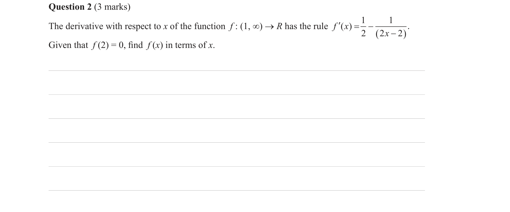 Mathematical Methods 2018 Exam 1 Question 2 — Calculus, Antidifferentiation formulae