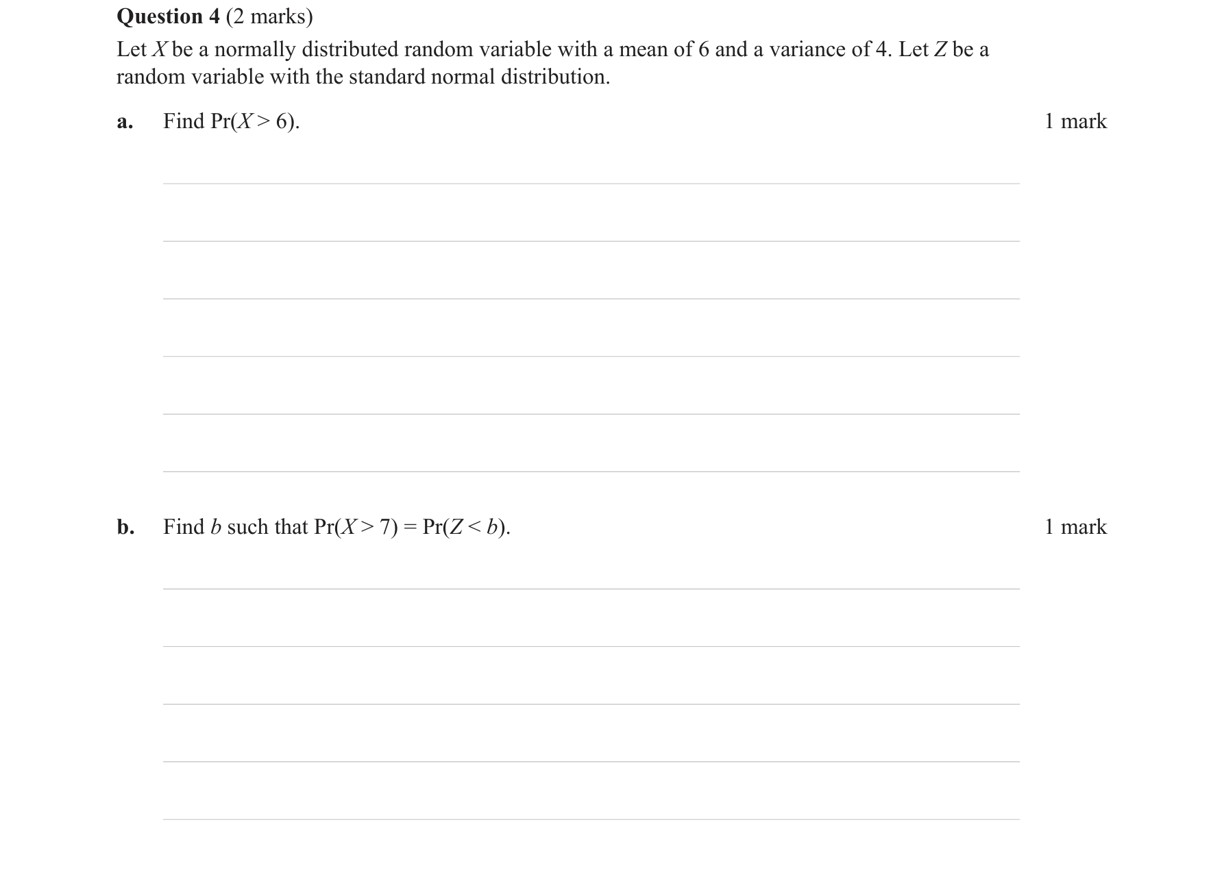 Mathematical Methods 2018 Exam 1 Question 4(a) — Probability, Normal distribution