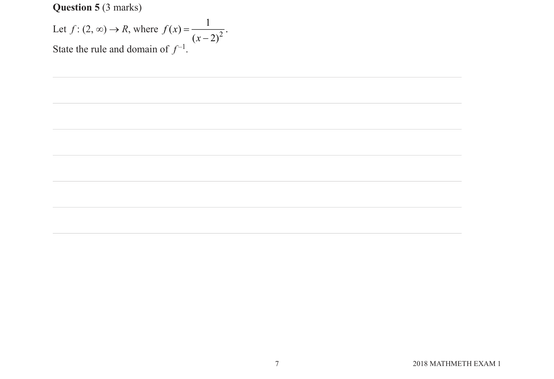 Mathematical Methods 2018 Exam 1 Question 5 — Functions, Relations and Graphs, Inverse functions, Domain and range