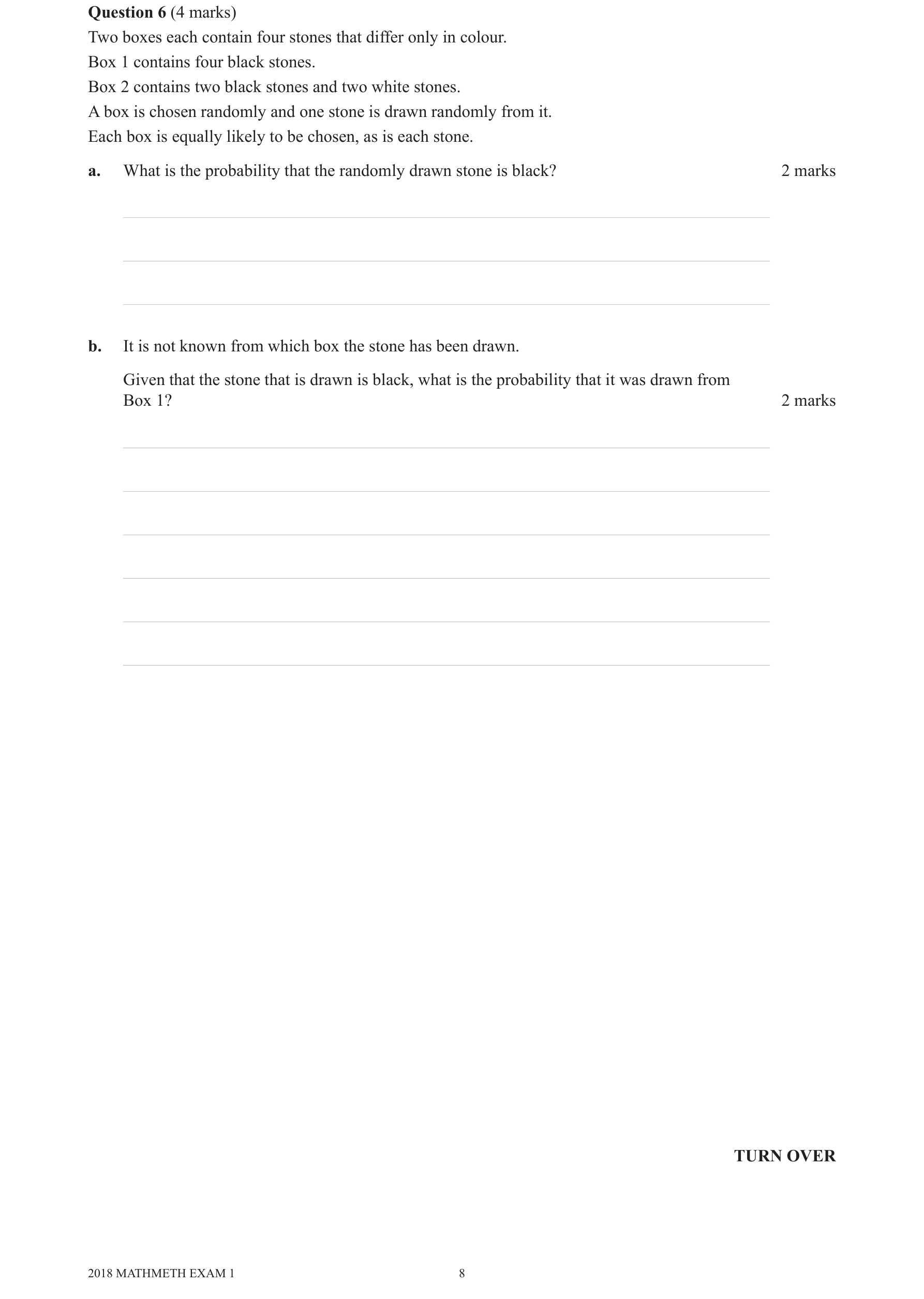 Mathematical Methods 2018 Exam 1 Question 6(a) — Probability, Discrete probability