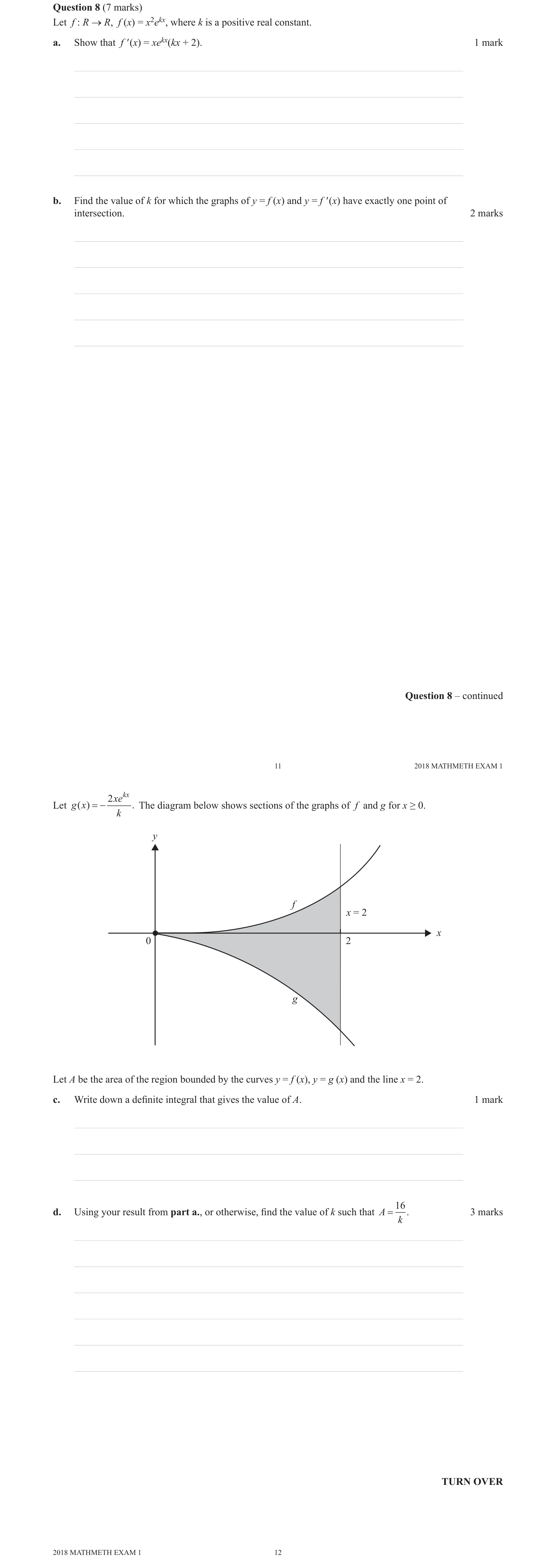 Mathematical Methods 2018 Exam 1 Question 8(d) — Calculus, Area under curves