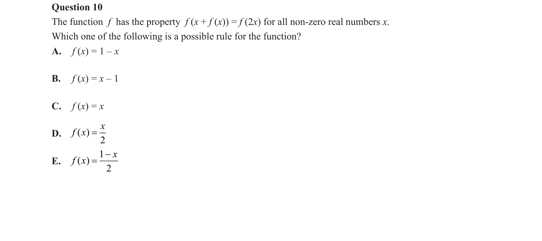 Mathematical Methods 2018 Exam 2 Question 10 — Functions, Relations and Graphs, Algebra, number and structure