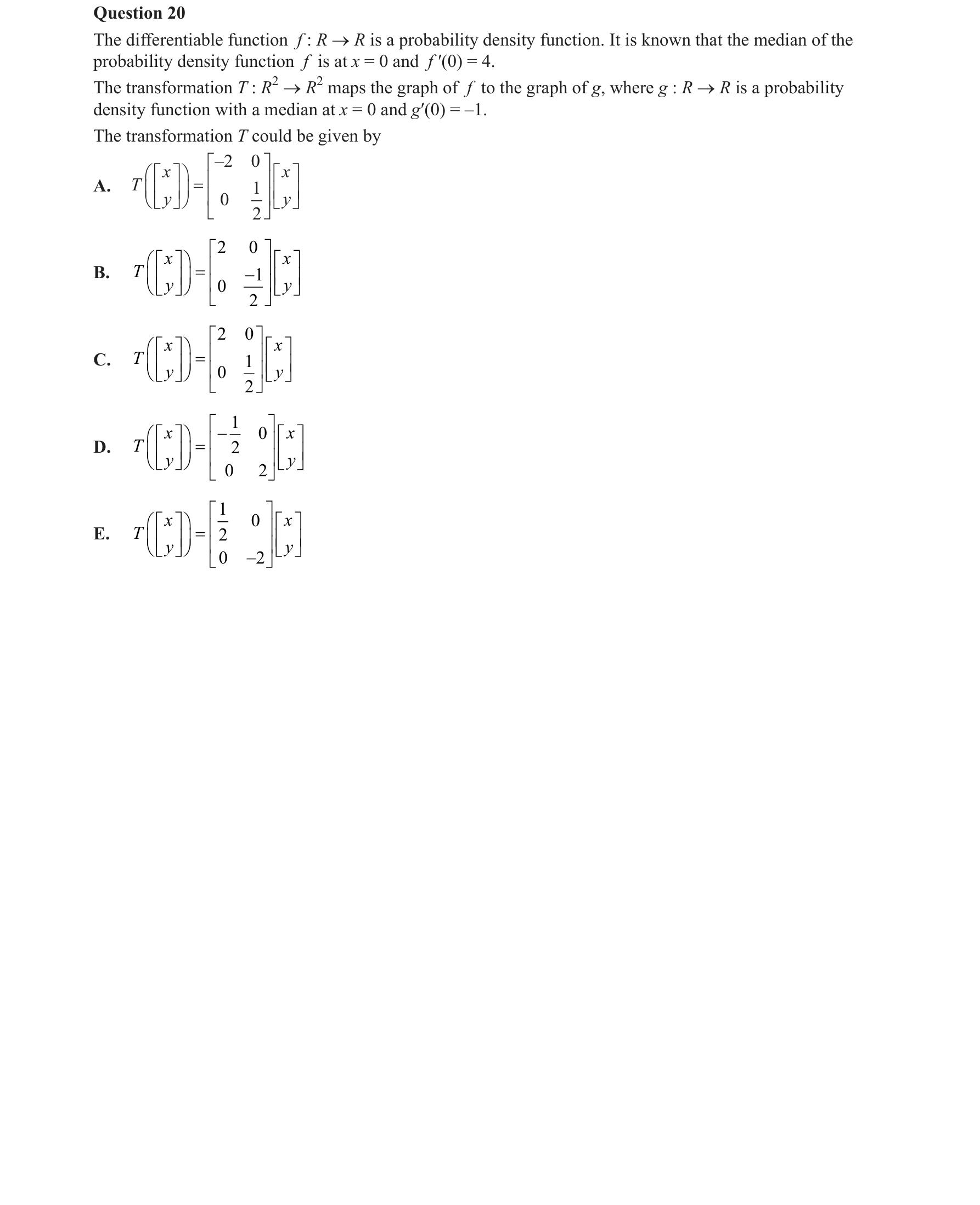 Mathematical Methods 2018 Exam 2 Question 20 — Functions, Relations and Graphs, Transformations, Probability, Probability density functions