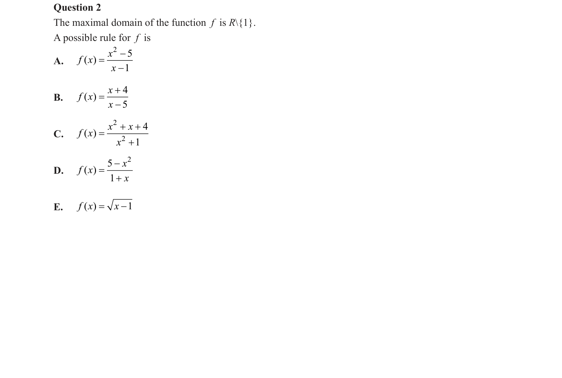Mathematical Methods 2018 Exam 2 Question 2 — Functions, Relations and Graphs, Rational functions, Domain and range