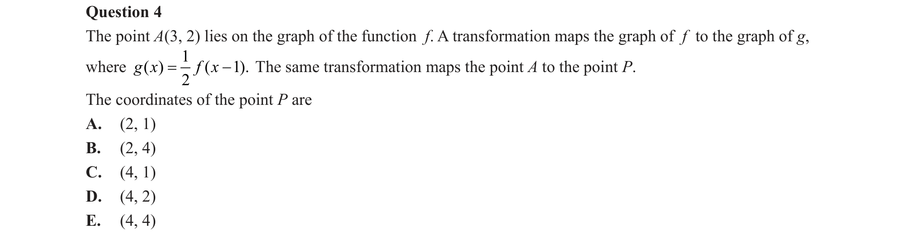 Mathematical Methods 2018 Exam 2 Question 4 — Functions, Relations and Graphs, Transformations