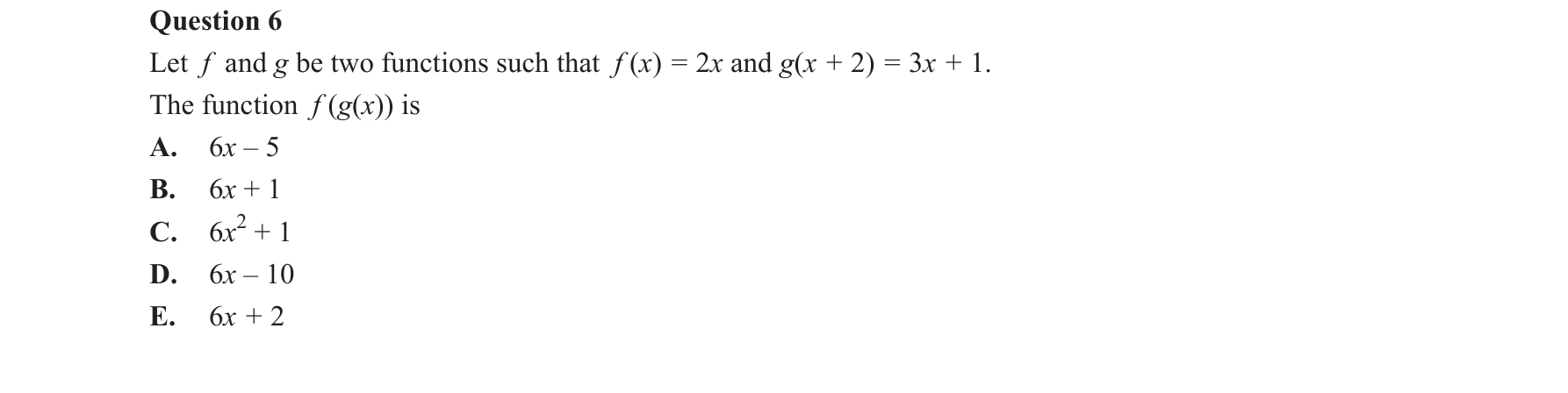 Mathematical Methods 2018 Exam 2 Question 6 — Functions, Relations and Graphs, Composite functions
