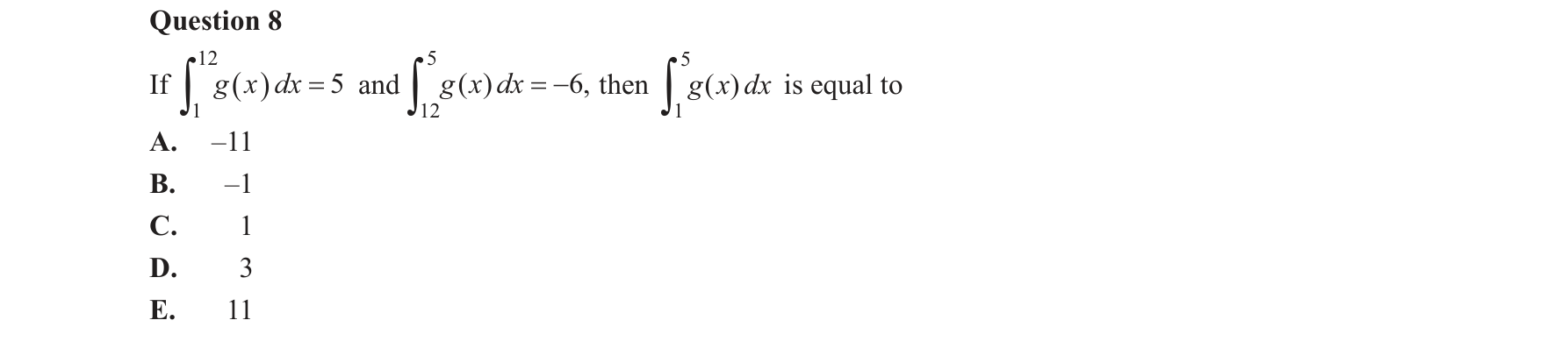 Mathematical Methods 2018 Exam 2 Question 8 — Calculus, Antidifferentiation formulae