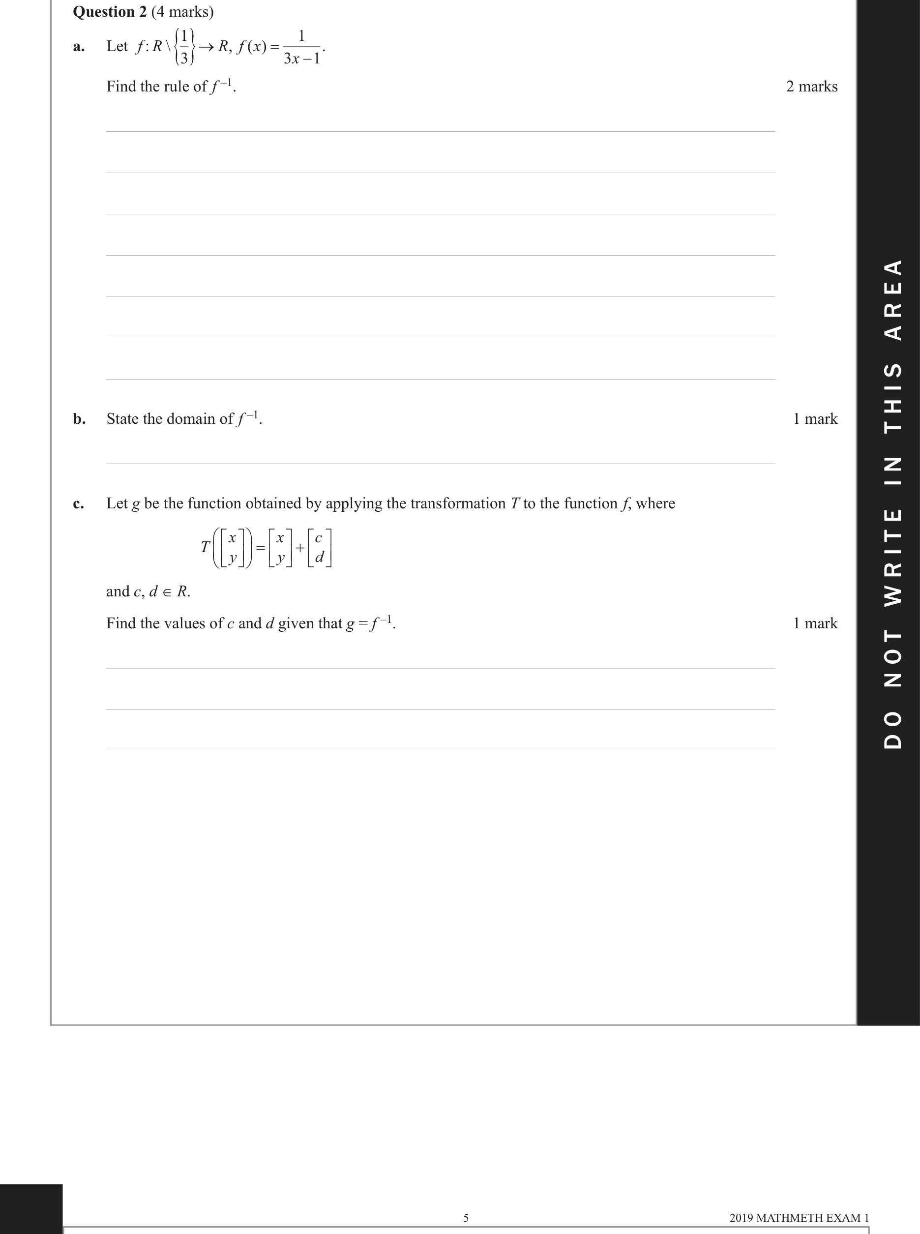 Mathematical Methods 2019 Exam 1 Question 2(a) — Functions, Relations and Graphs, Inverse functions
